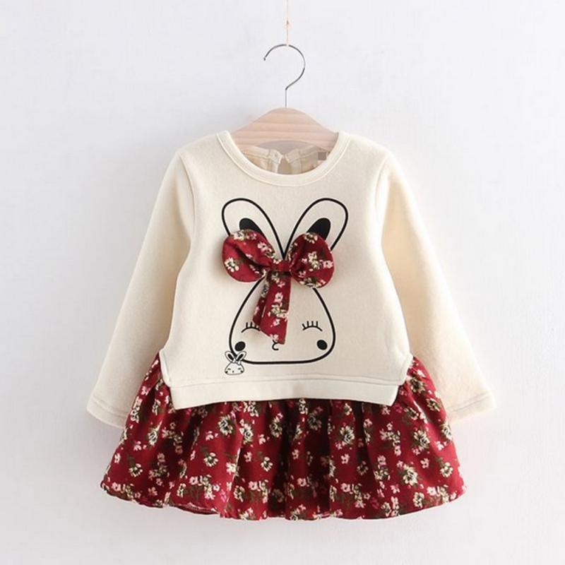 Girls Cute Rabbit Dresses Winter Autumn Baby Girl Princess Dress Flowers Printed Girls Long Sleeve Dress